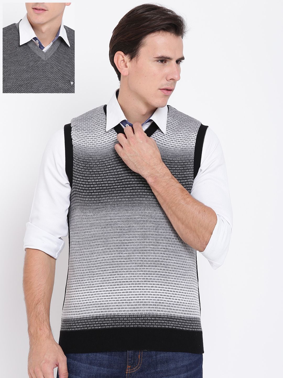 Duke Men Grey & Black Self-Design Reversible Woollen Sweater Vest