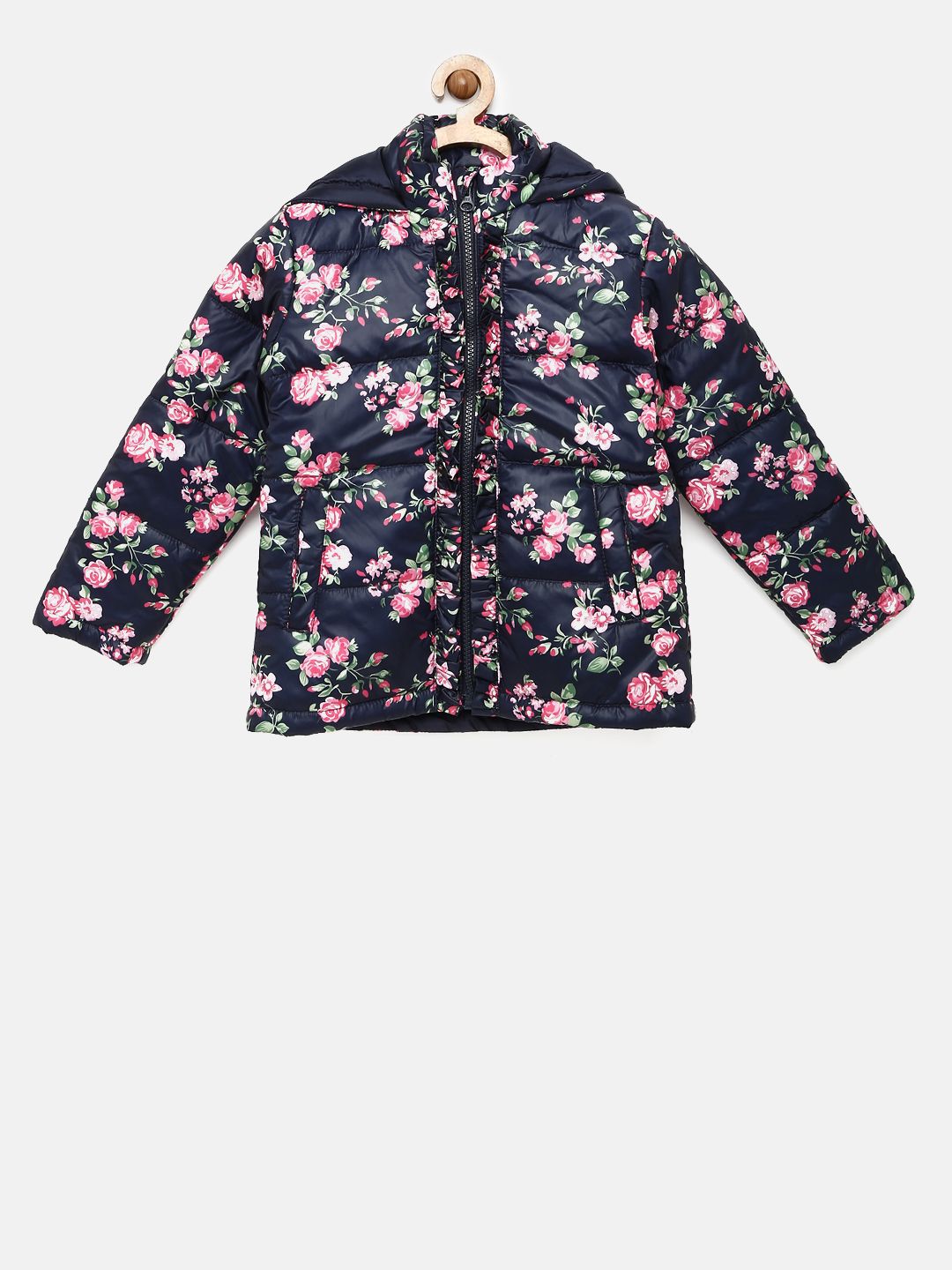 CHALK by Pantaloons Girls Navy Blue & Printed Printed Padded Hooded Jacket