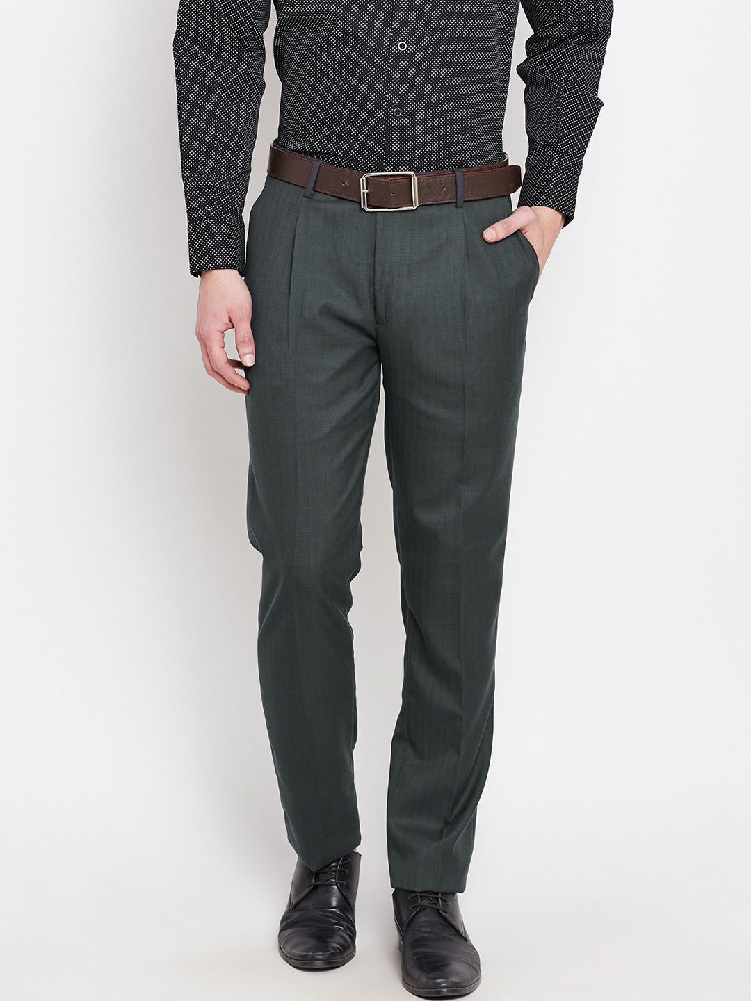 John Players Men Grey Self-Checked Pleated Formal Trousers