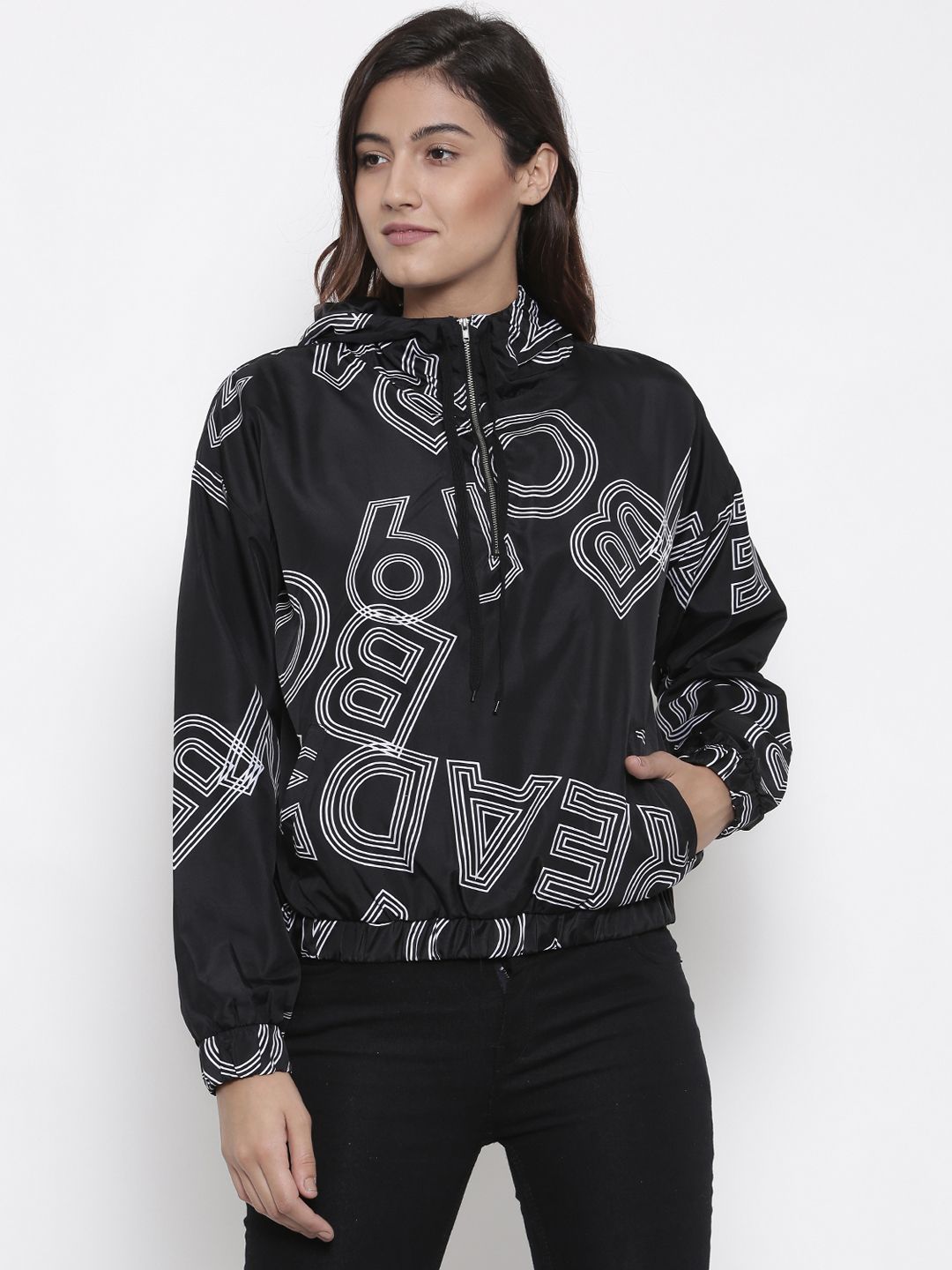 FOREVER 21 Women Black & White Printed Bomber Jacket