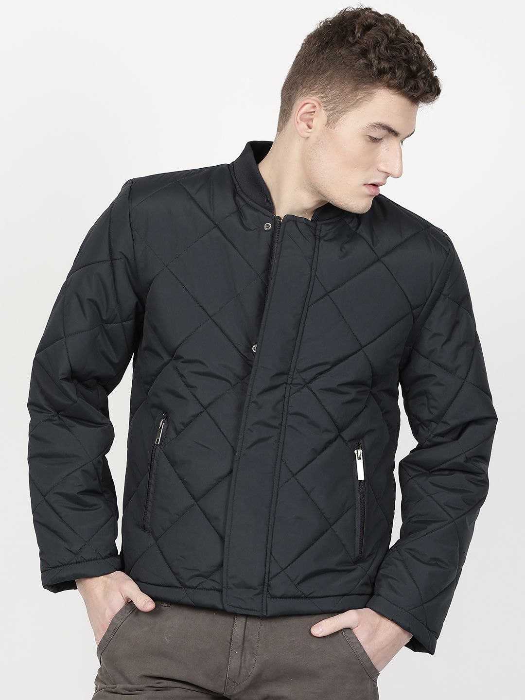 ether Men Navy Blue Solid Quilted Jacket