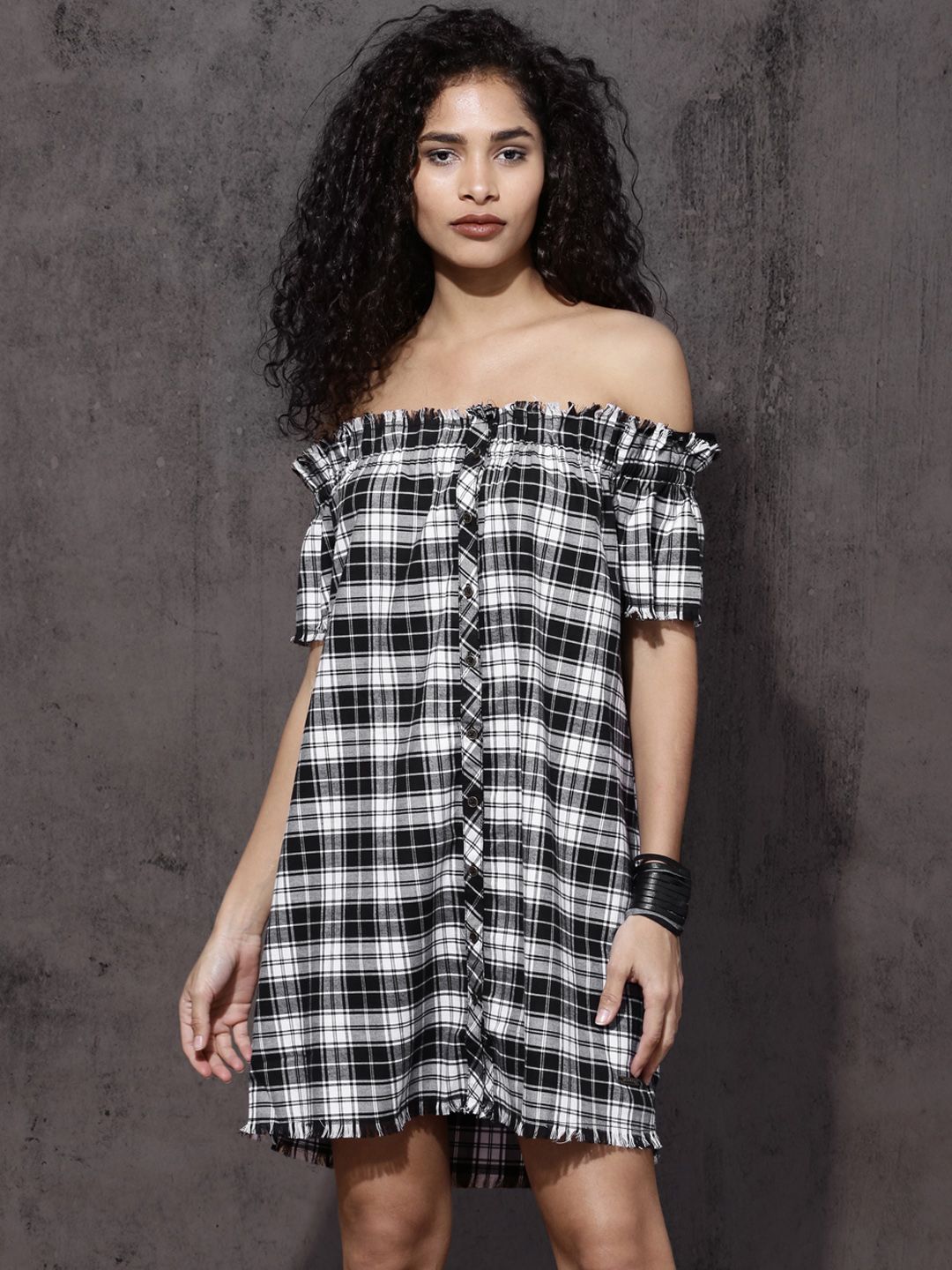 Roadster Women Black & White Checked Shirt Dress
