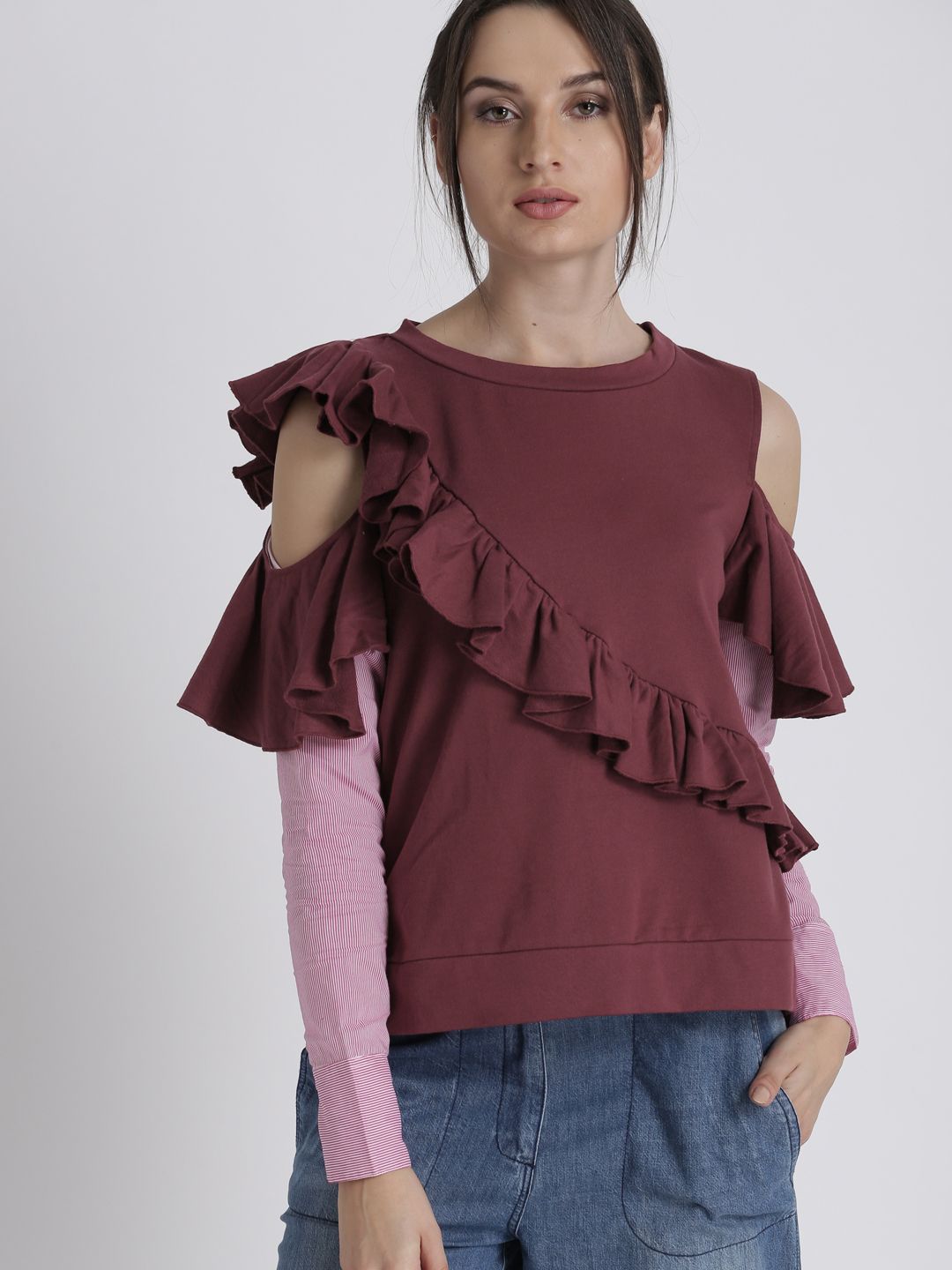 Chemistry Women Maroon Ruffled Sweatshirt with Contrast Cold-Shoulder Sleeves