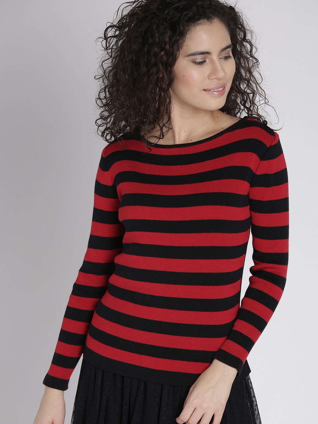 Chemistry Women Red & Black Striped Sweater