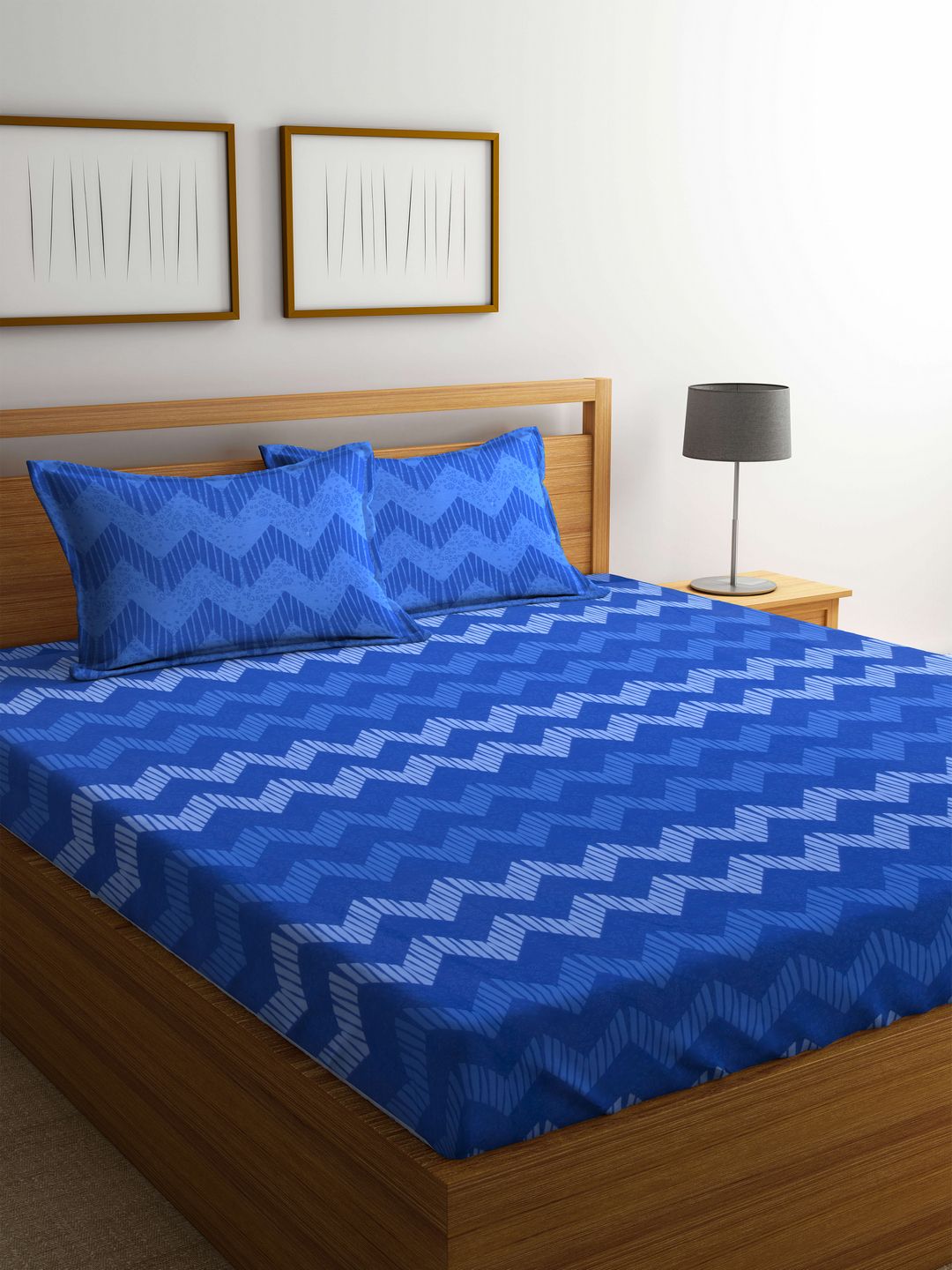 BOMBAY DYEING Blue Geometric Flat 120 TC Cotton 1 King Bedsheet with 2 Pillow Covers