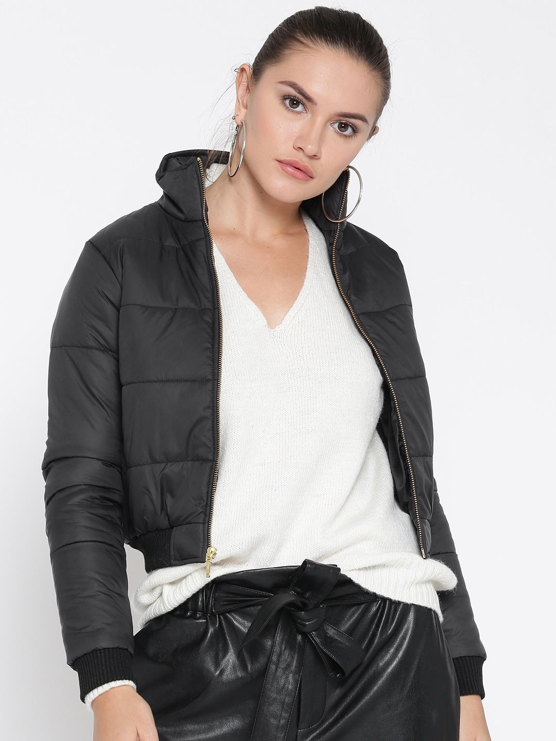 Ginger by Lifestyle Women Black Solid Crop Bomber Jacket