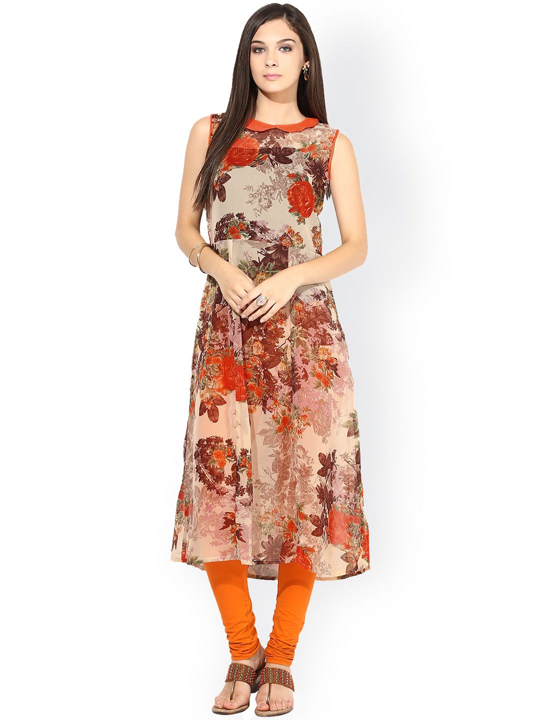 La Firangi Women Beige & Orange Floral Print A-Line Kurta