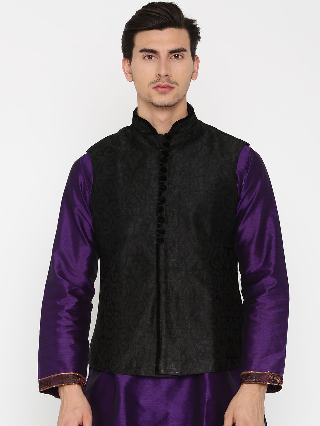 Manu Black Self Design Nehru Jacket