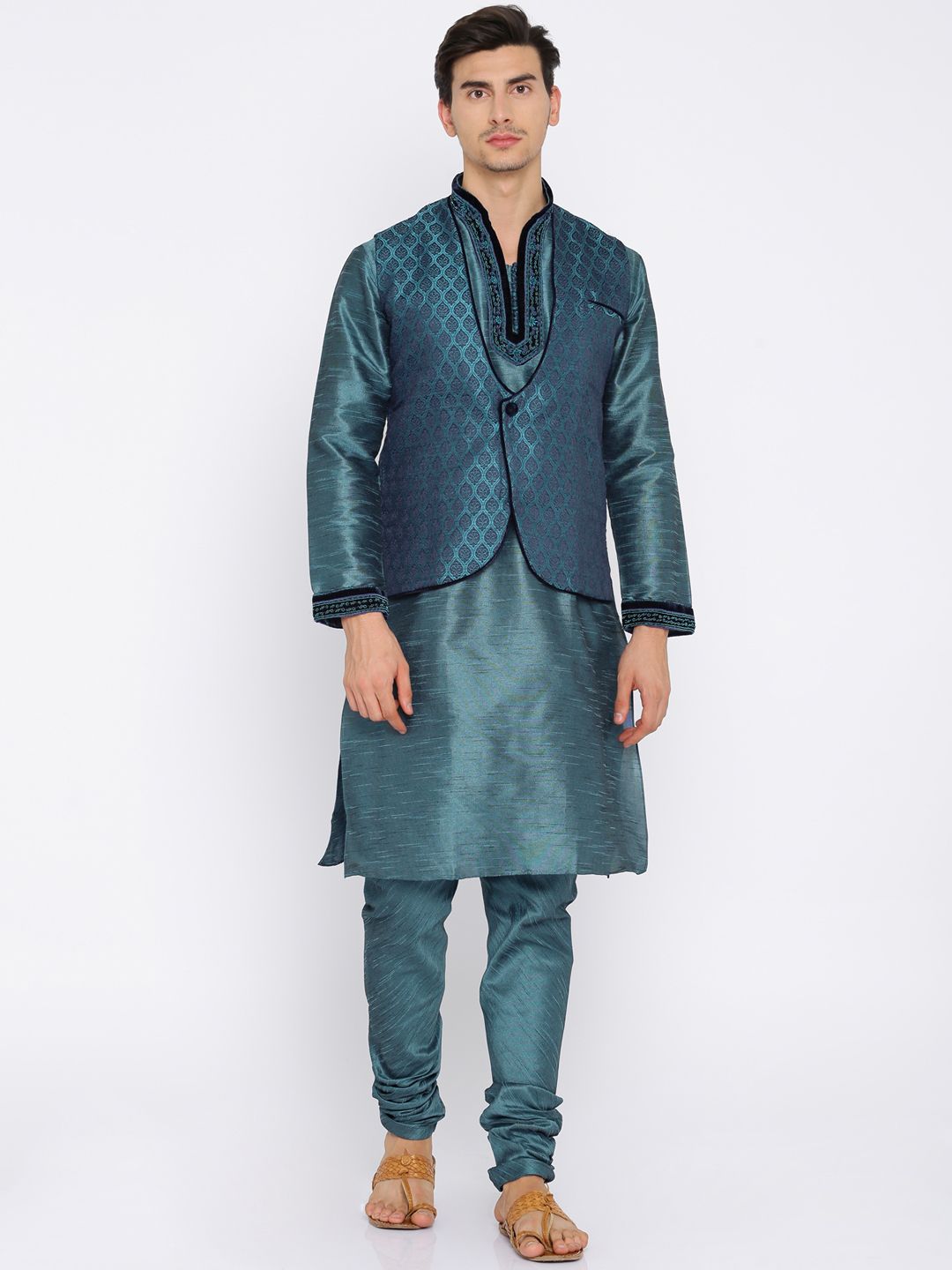 Manu Men Blue Self Design Kurta with Churidar