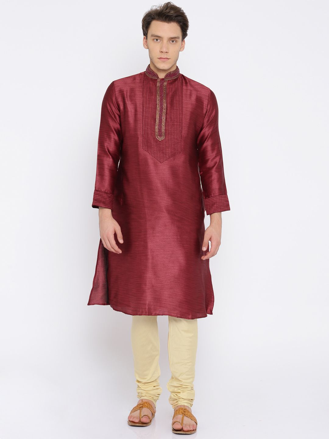 Manu Men Maroon & Cream-Coloured Self Design Kurta with Churidar