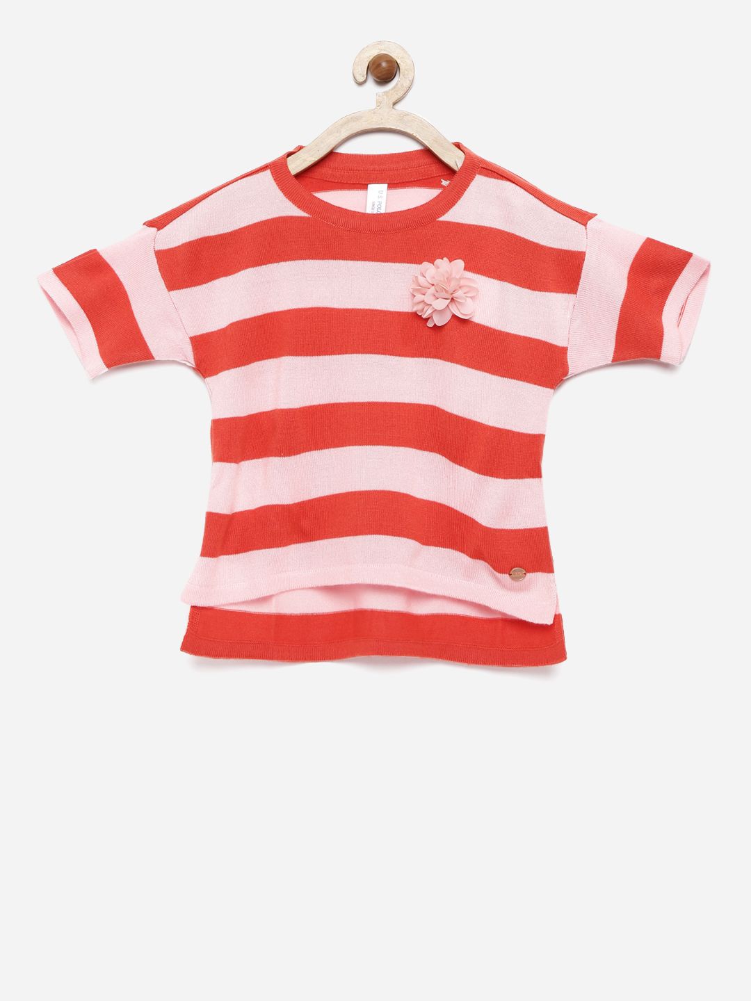 U.S. Polo Assn. Kids Girls Orange Striped Round Neck T-shirt