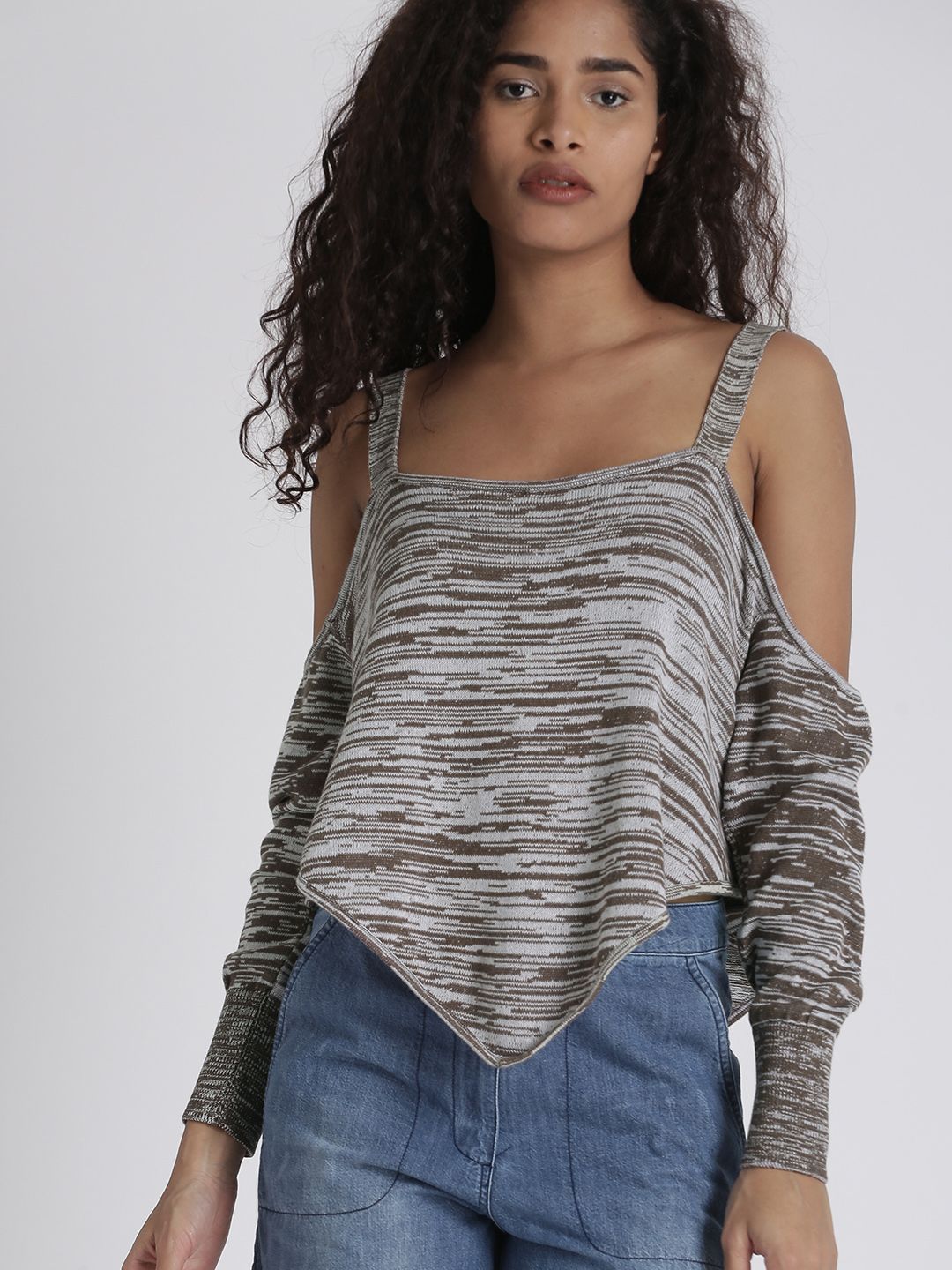 Chemistry Women Taupe & Off-White Self Design Pullover