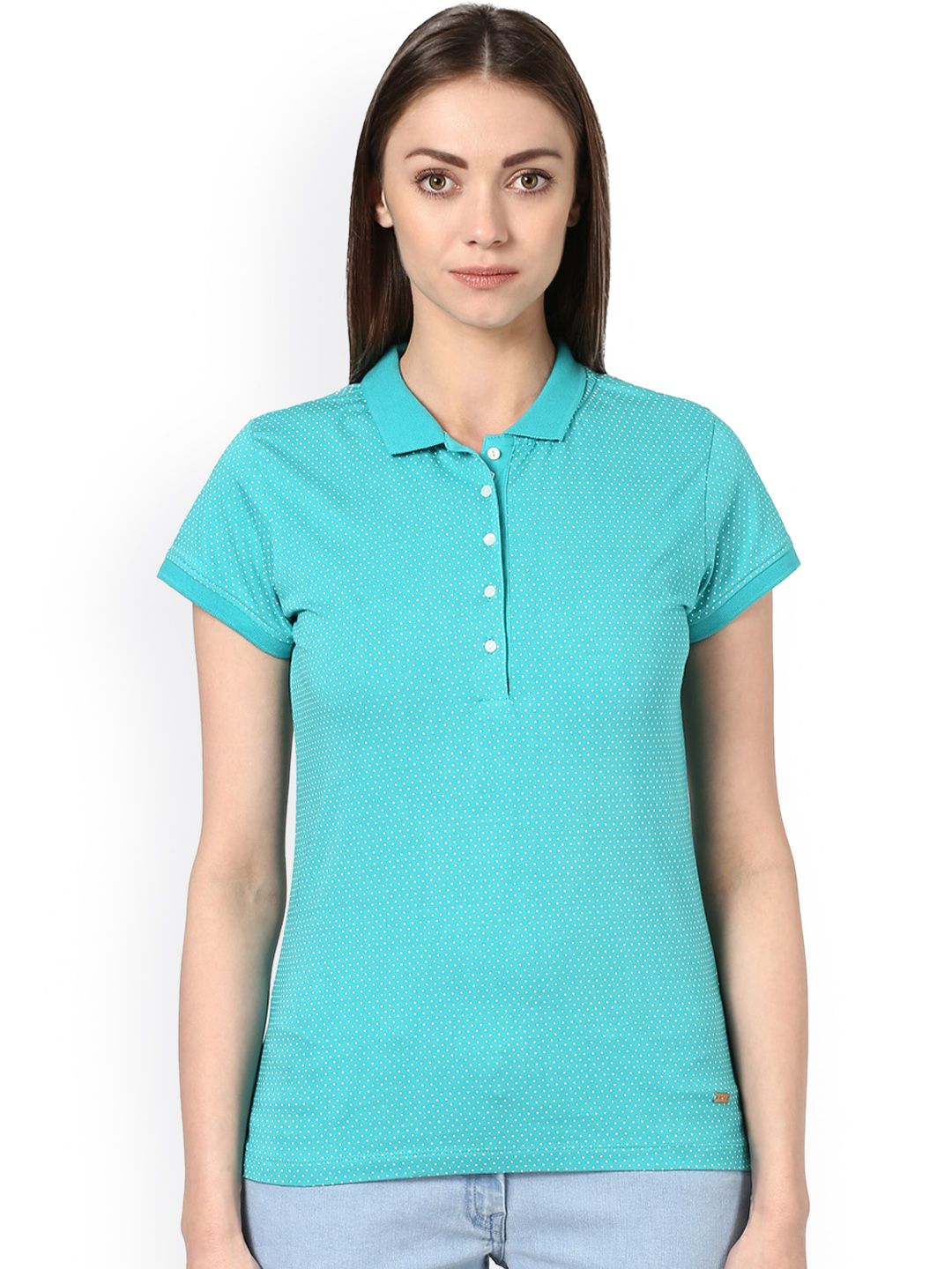 Park Avenue Women Turquoise Blue Printed Polo Collar T-shirt