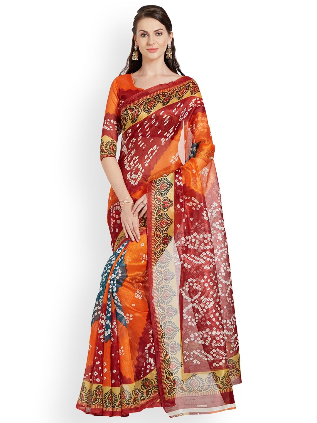 Silk Bazar Orange & Maroon Poly Silk Printed Saree