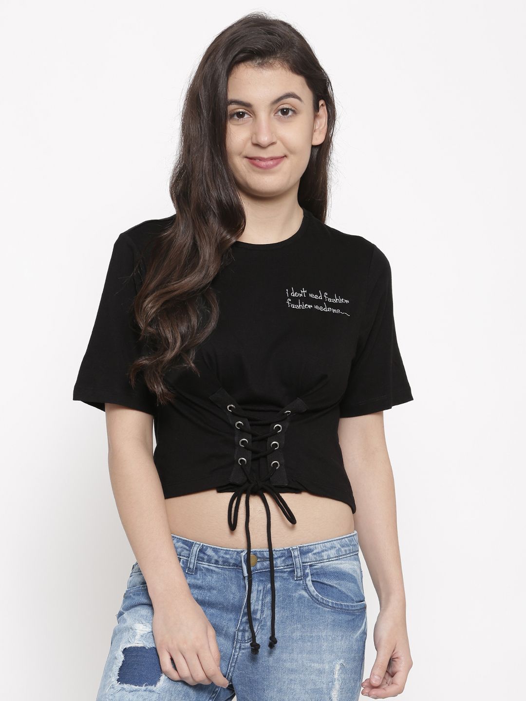 Ginger by Lifestyle Women Black Printed Crop Pure Cotton Top