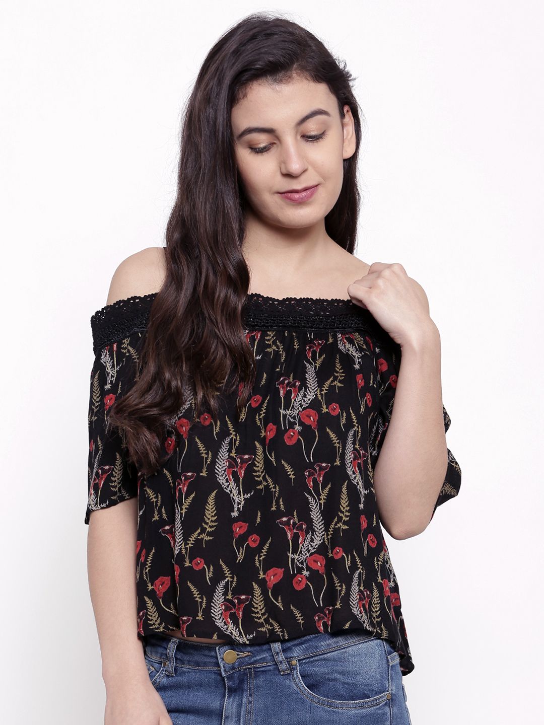 Ginger by Lifestyle Women Black Printed Bardot Top