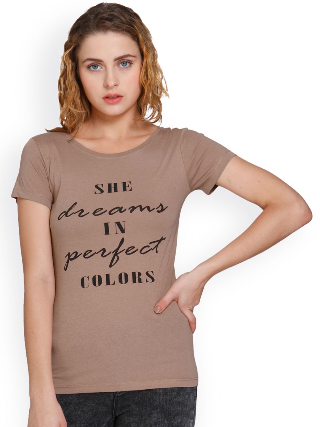 ONLY Women Brown Printed Pure Cotton T-shirt