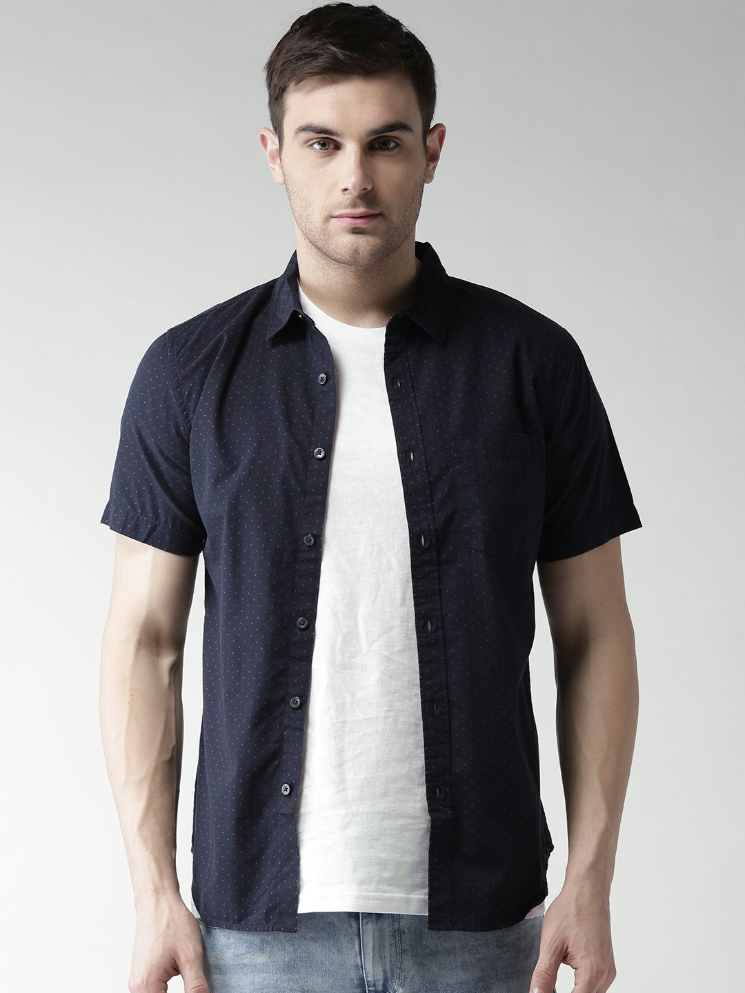 FOREVER 21 Men Navy Blue & Red Printed Casual Shirt