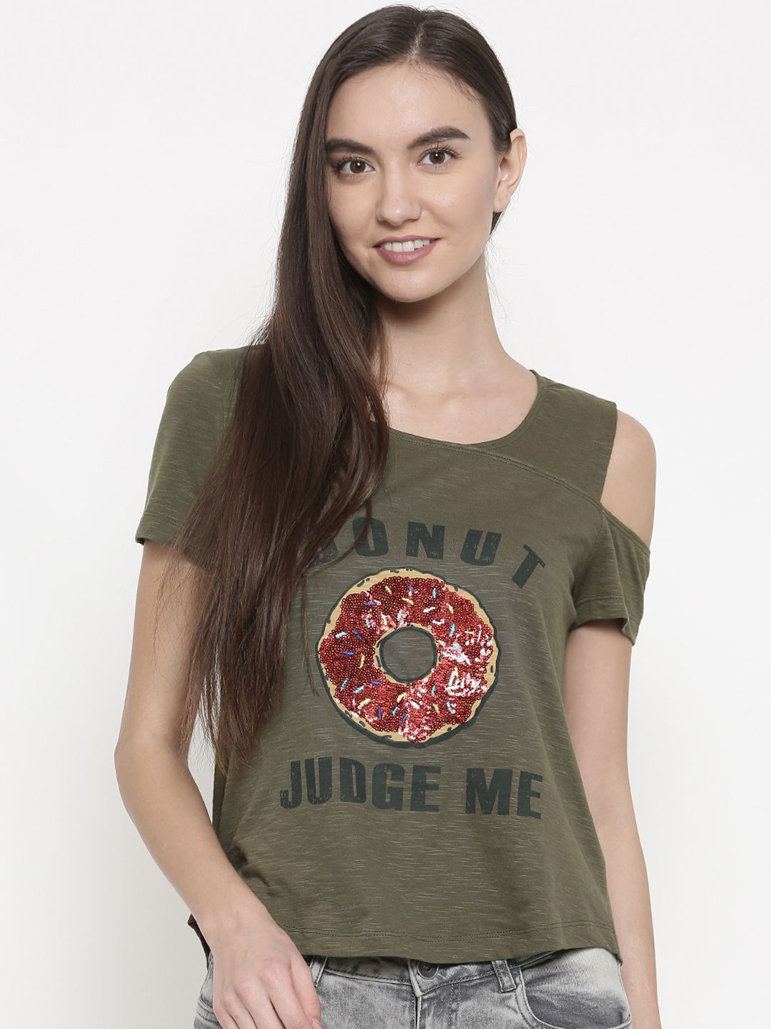 Ginger by Lifestyle Women Olive Green Embellished Pure Cotton Top