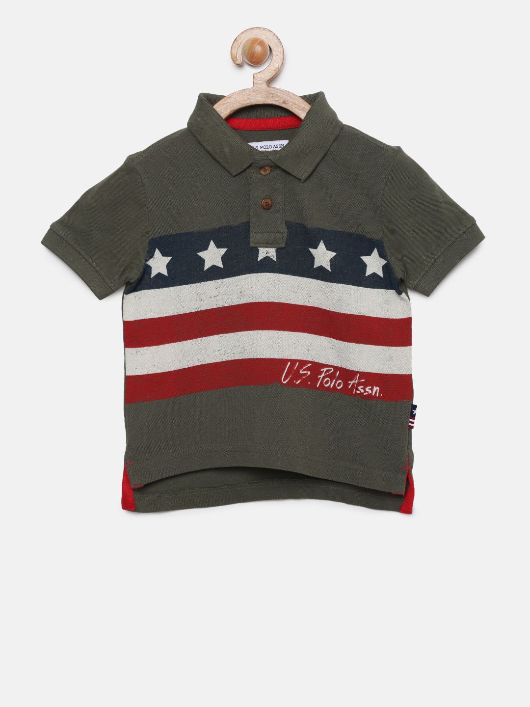 U.S. Polo Assn. Kids Boys Olive Green Printed Polo T-shirt
