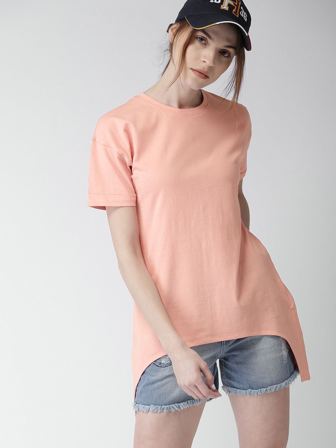 Harvard Women Pink Solid Round Neck Longline Pure Cotton T-shirt