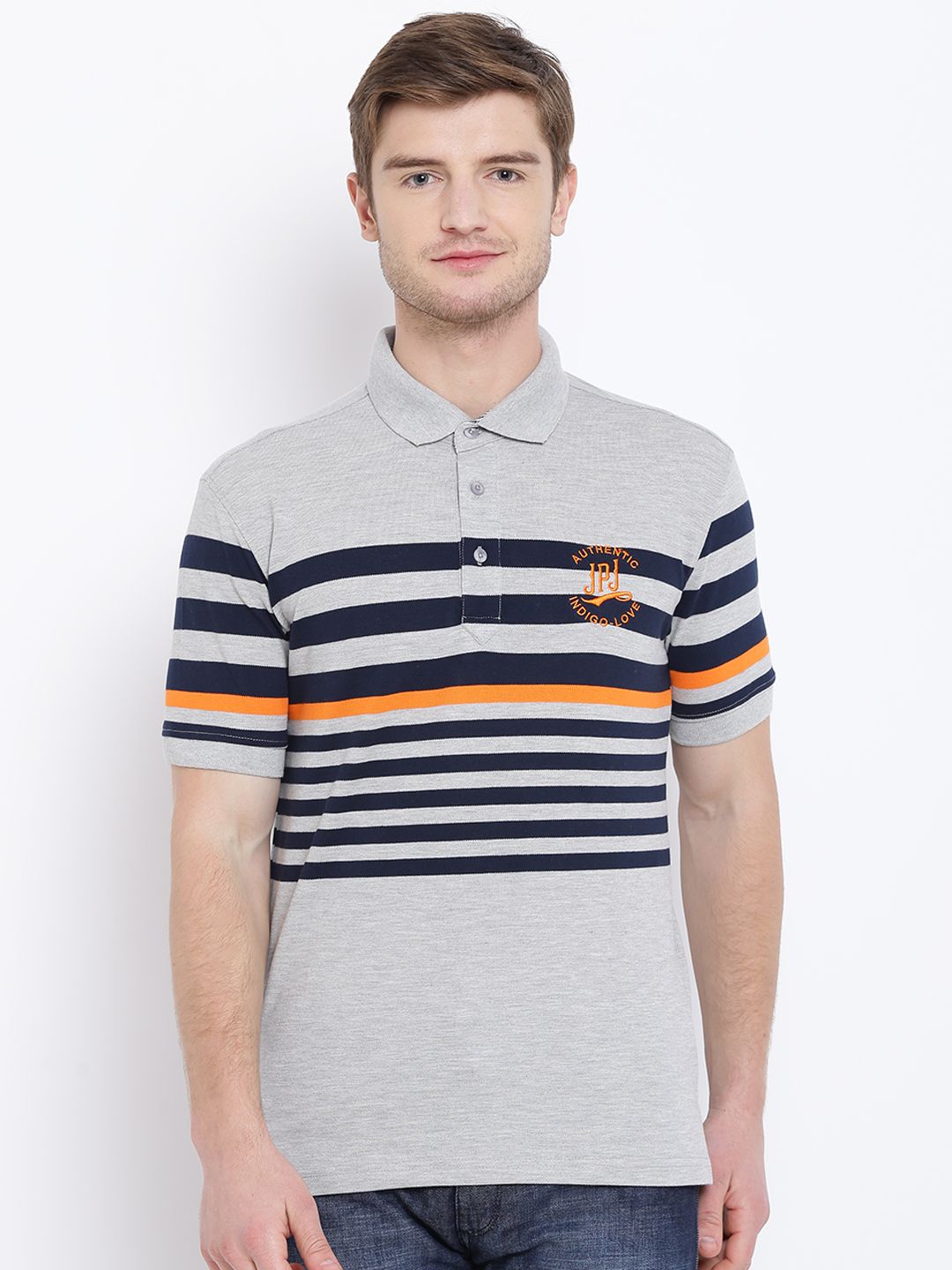 John Players Men Grey Melange & Navy Striped Polo Collar T-shirt