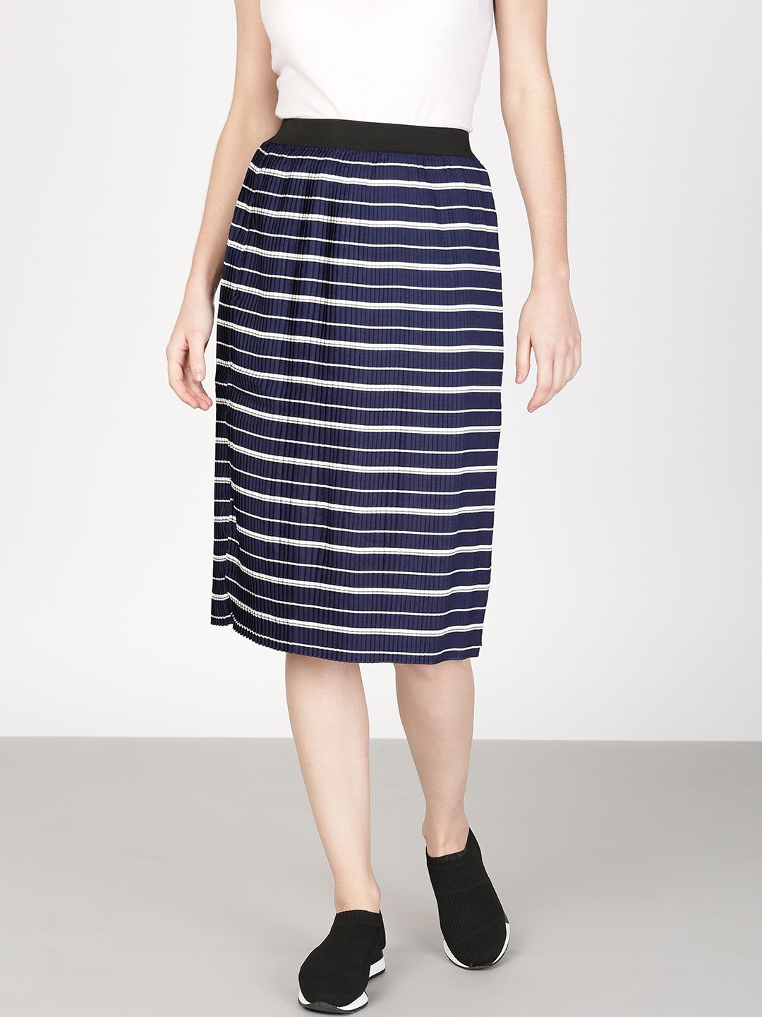 ether Navy Blue & White A-Line Pleated Skirt
