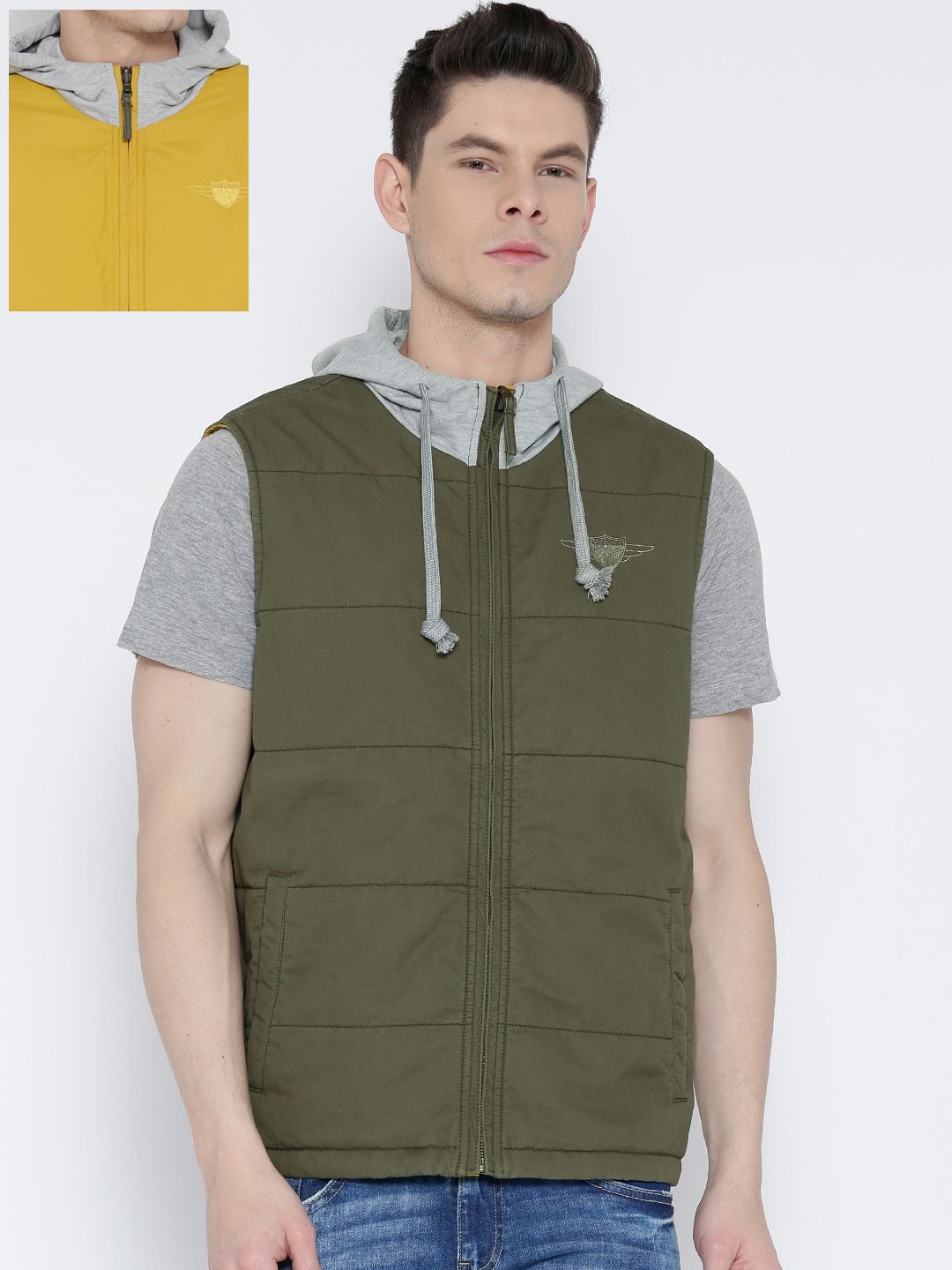 John Players Yellow & Olive Green Reversible Hooded Jacket
