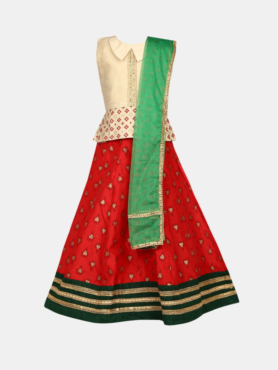 Yellow Kite Girls Beige & Red Printed Lehenga Choli with Dupatta