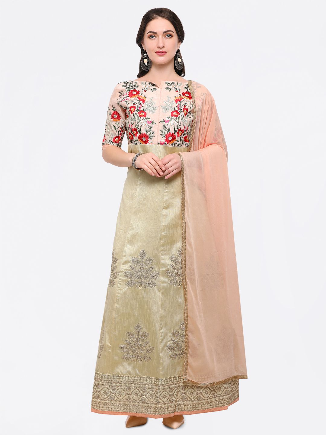 Satrani Cream-Coloured & Peach-Coloured Raw Silk Semi-Stitched Dress Material