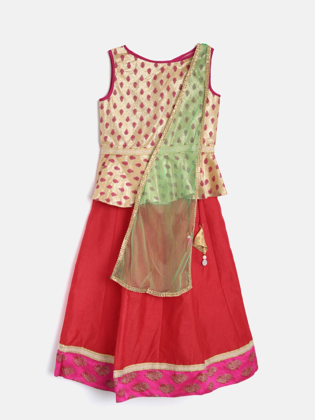 YK Girls Golden & Red Printed Ready to Wear Lehenga & Blouse with Dupatta