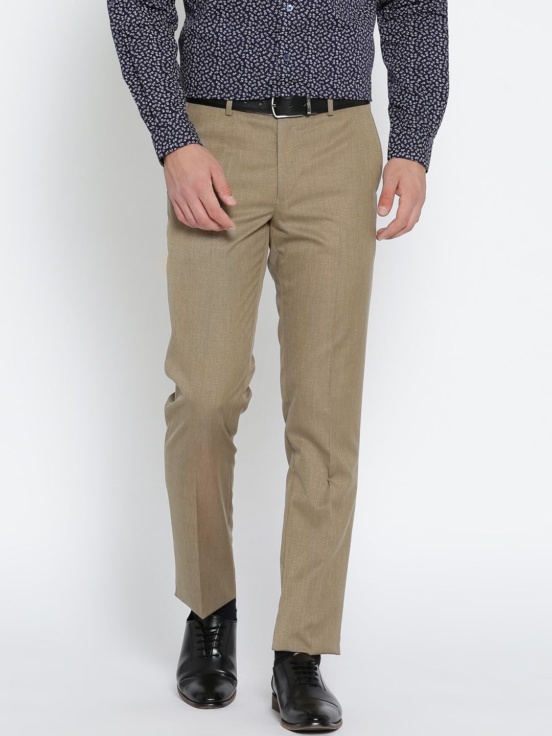 John Players Men Brown Slim Fit Solid Formal Trousers