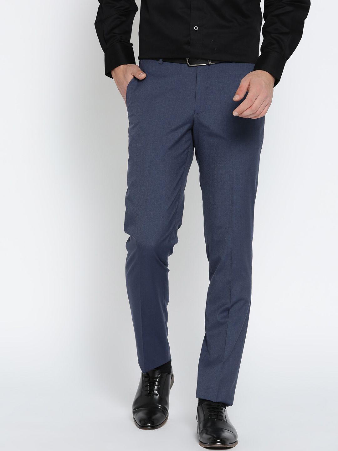 John Players Men Blue Slim Fit Solid Formal Trousers