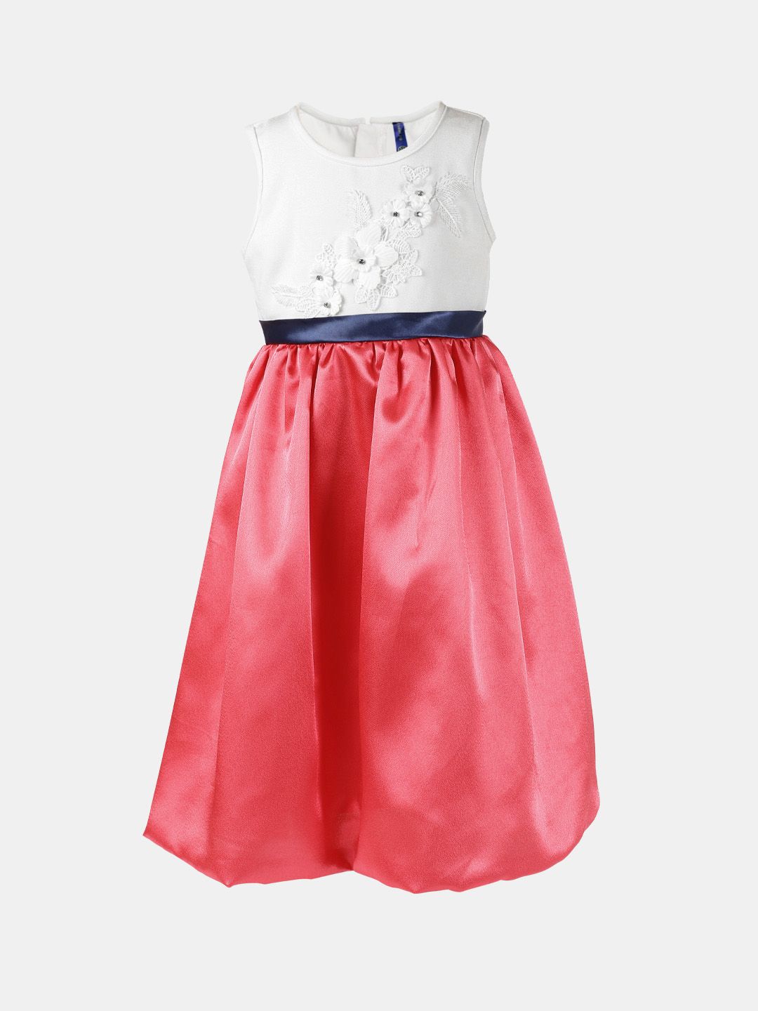 YK Girls White Colourblocked Fit and Flare Dress