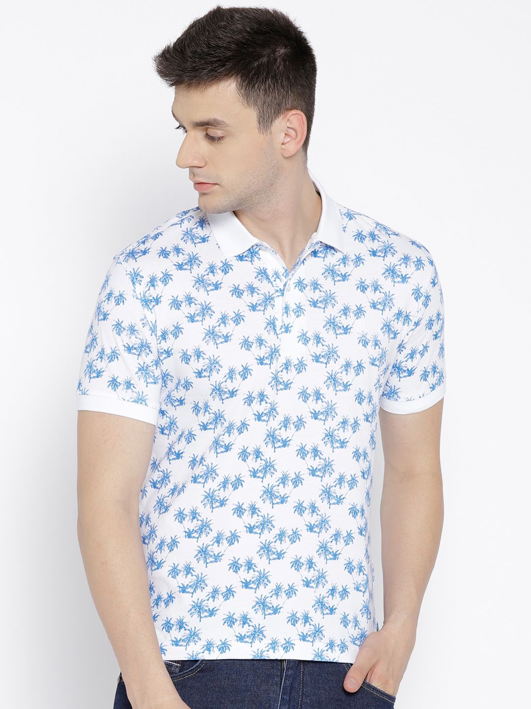 John Players Men White & Blue Printed Polo Collar T-shirt