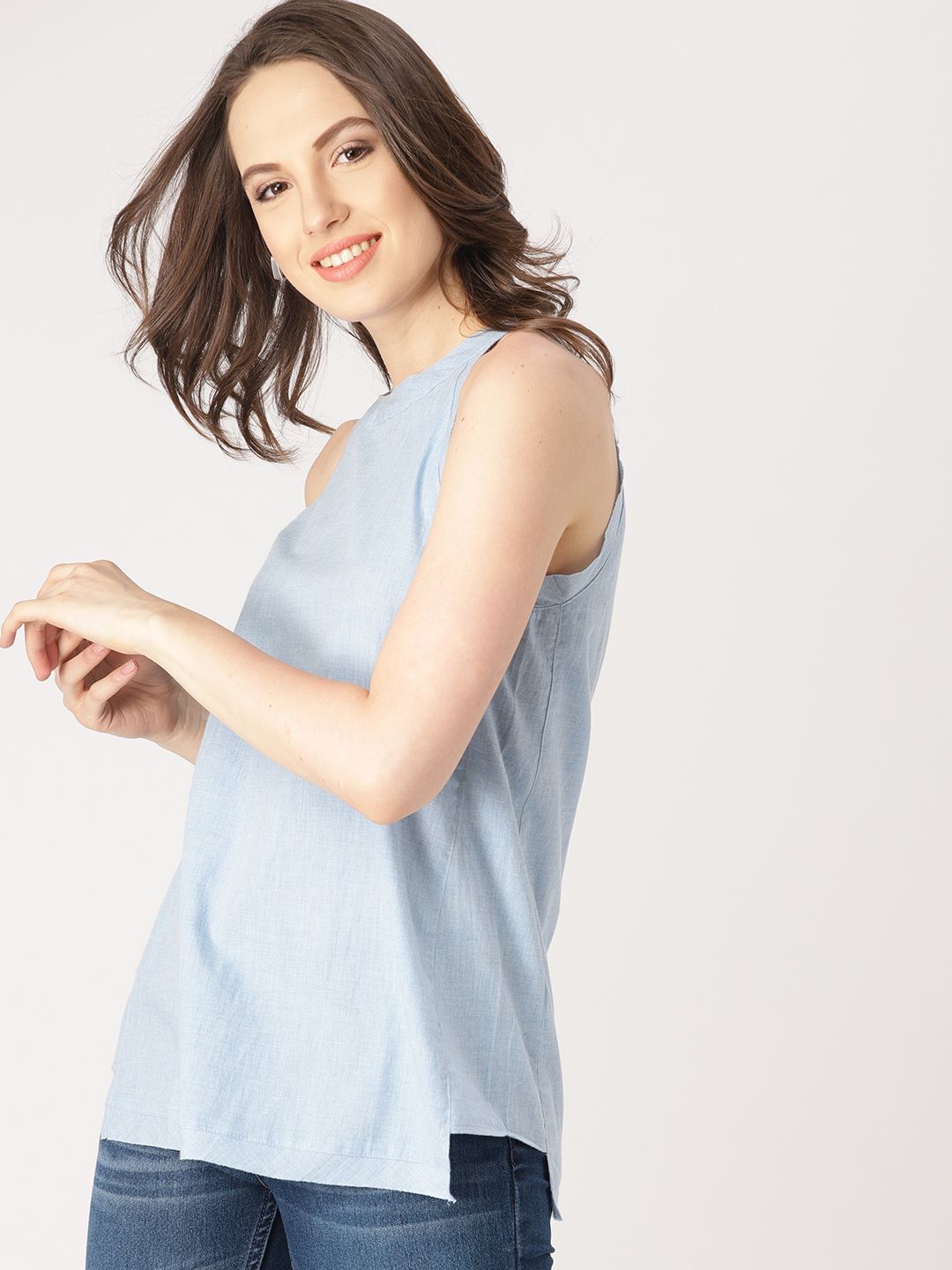 DressBerry Women Blue Solid Pure Cotton Top