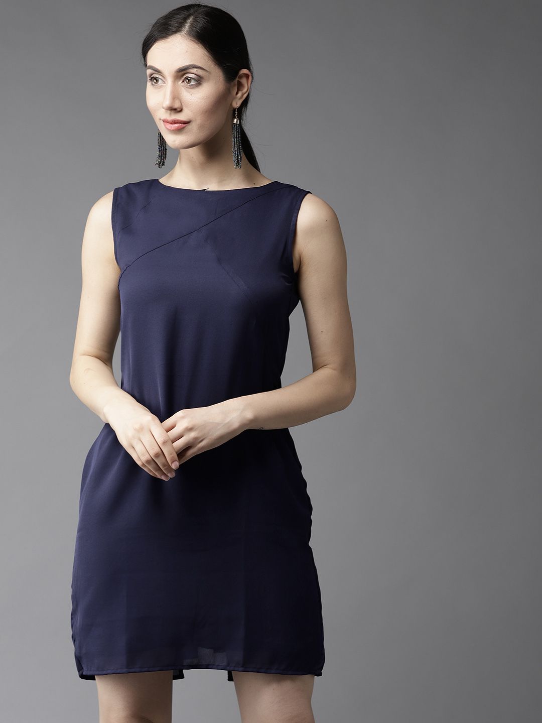 HERE&NOW Women Navy Blue Solid A-Line Dress