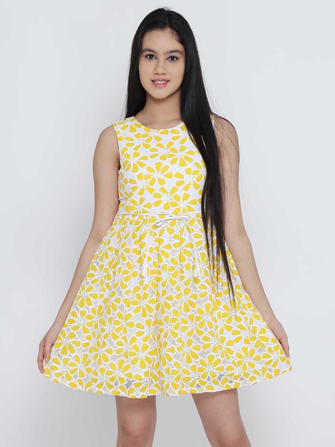Natilene Girls Yellow Printed Fit and Flare Dress