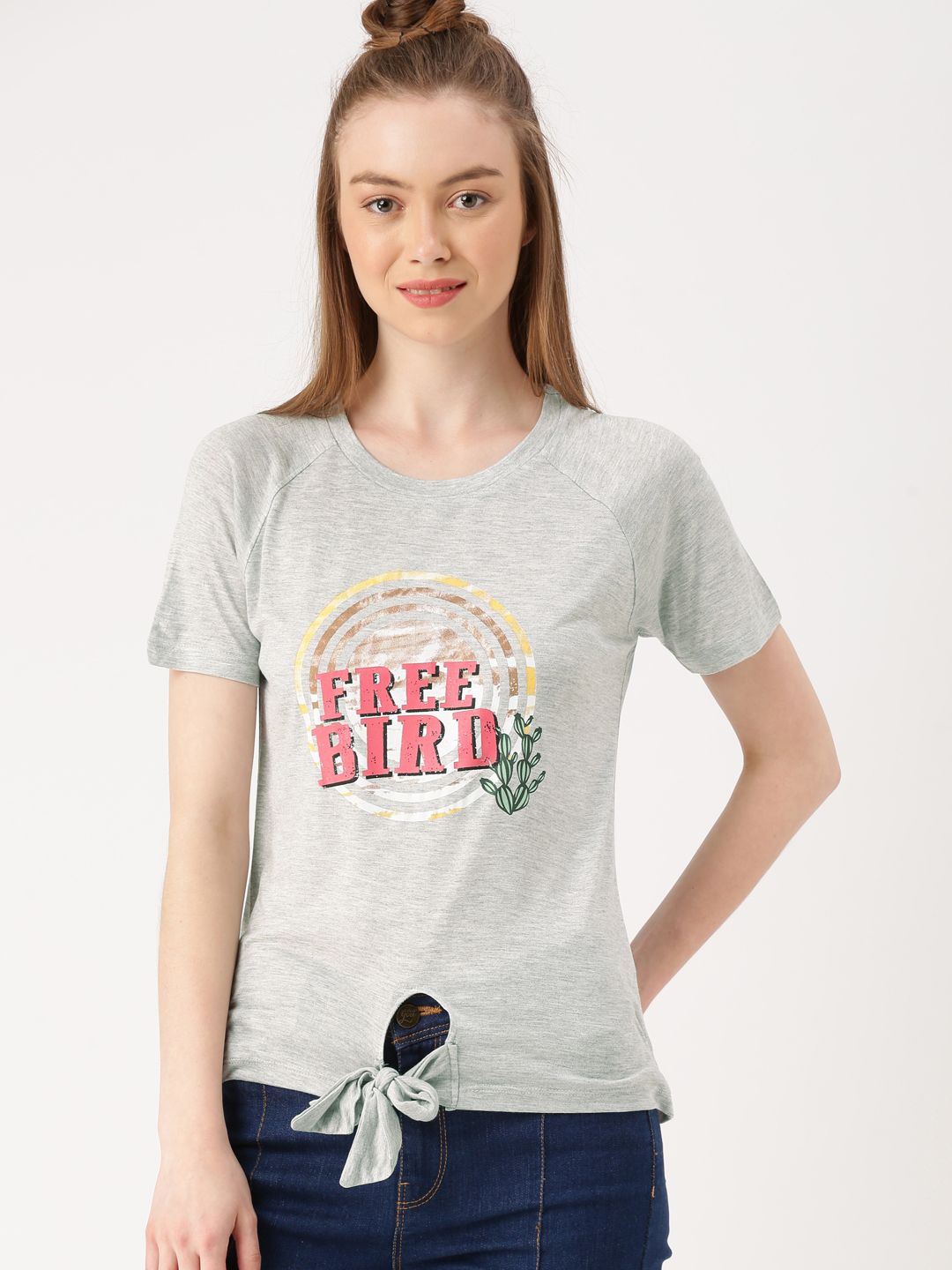 DressBerry Women Grey Printed Round Neck T-shirt