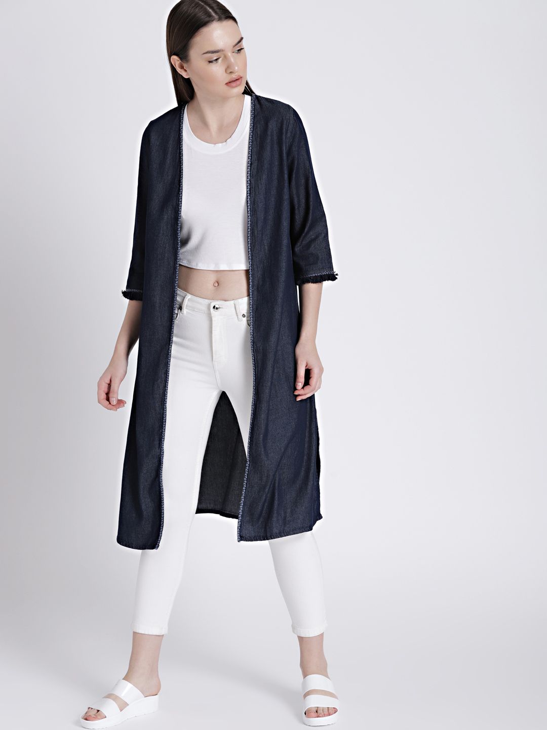 Chemistry Blue Solid Open Front Shrug