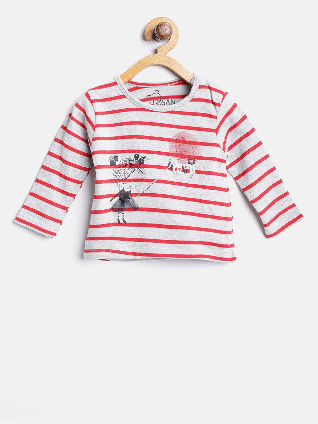 Losan Girls Grey Melange & Red Striped Round Neck T-shirt