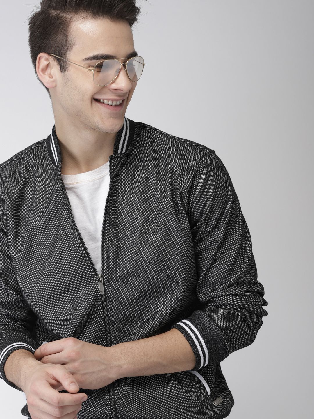 Mast & Harbour Men Black Self Design Bomber