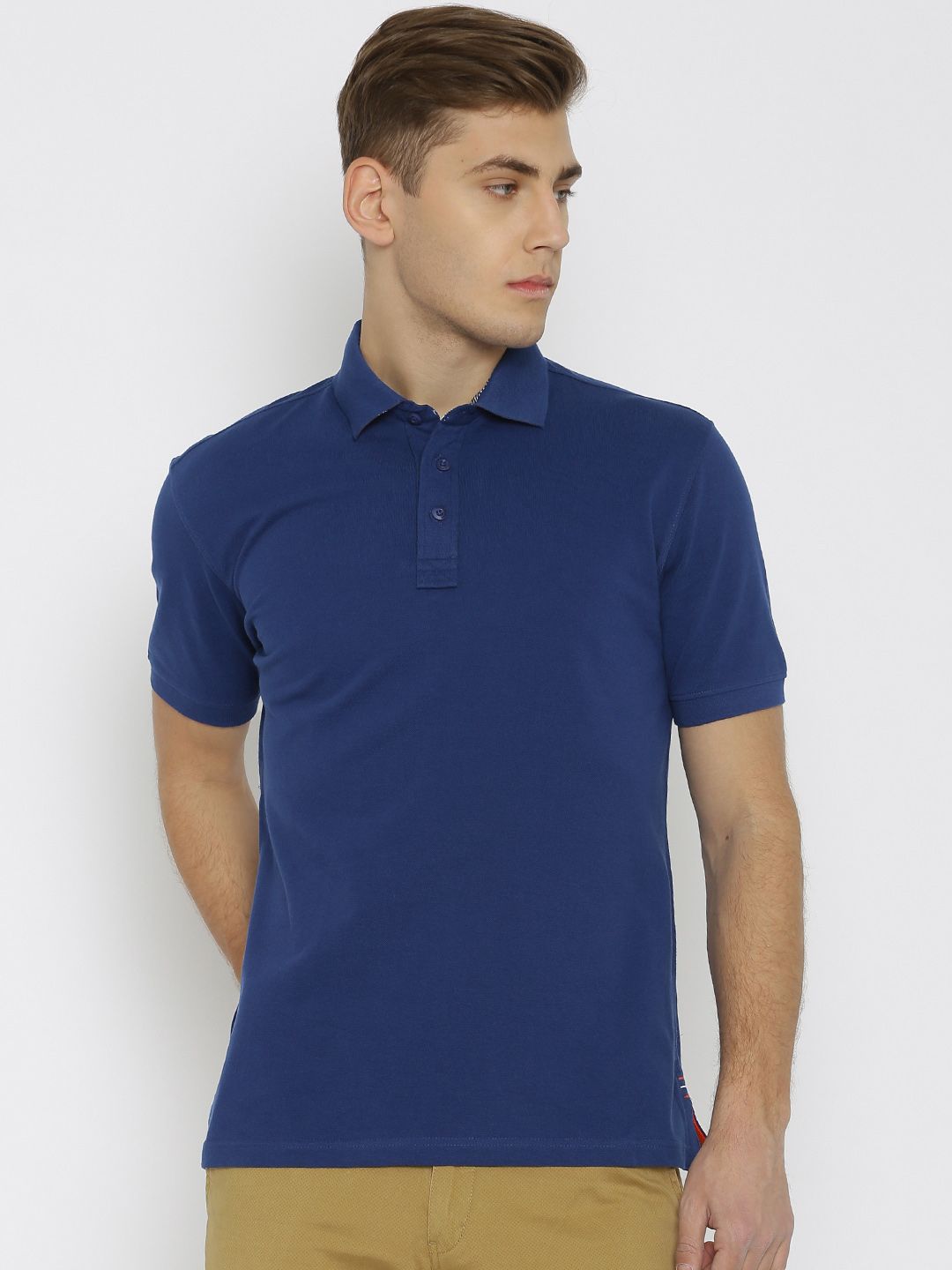 John Players Men Blue Solid Polo Collar T-shirt