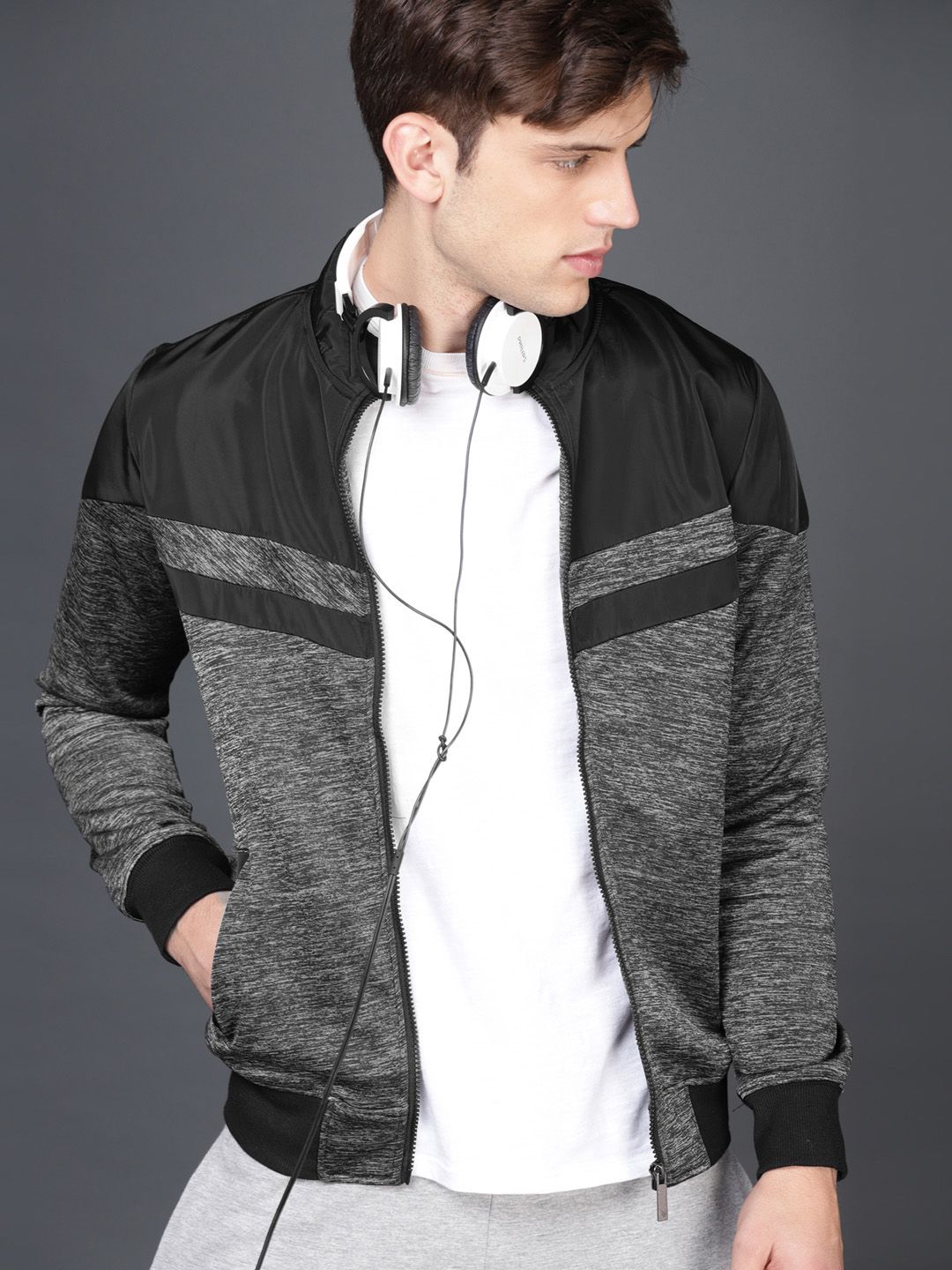WROGN Men Charcoal Grey Colourblocked Bomber