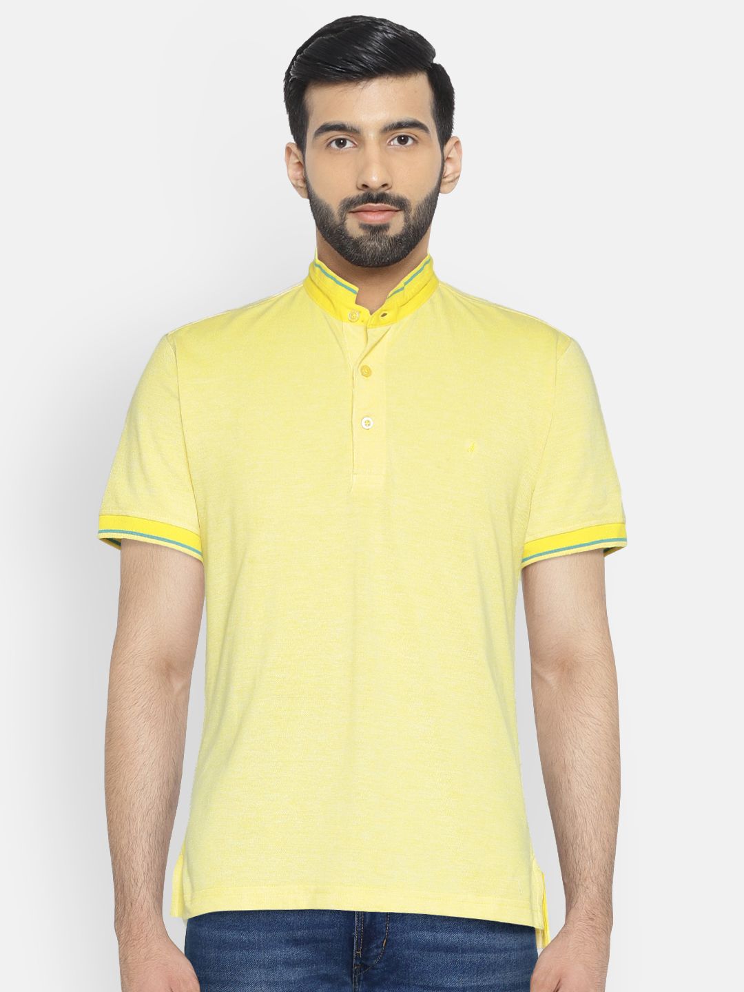 John Players Men Yellow Solid Stand Collar T-shirt