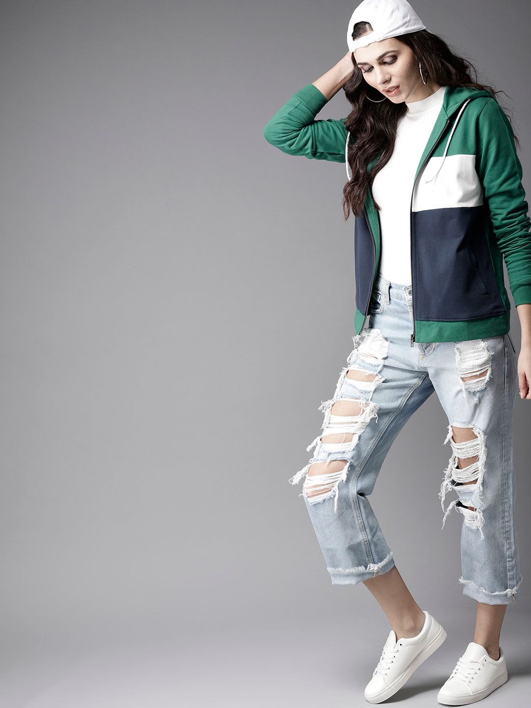 Moda Rapido Women Navy Blue & Green Colourblocked Hooded Sweatshirt