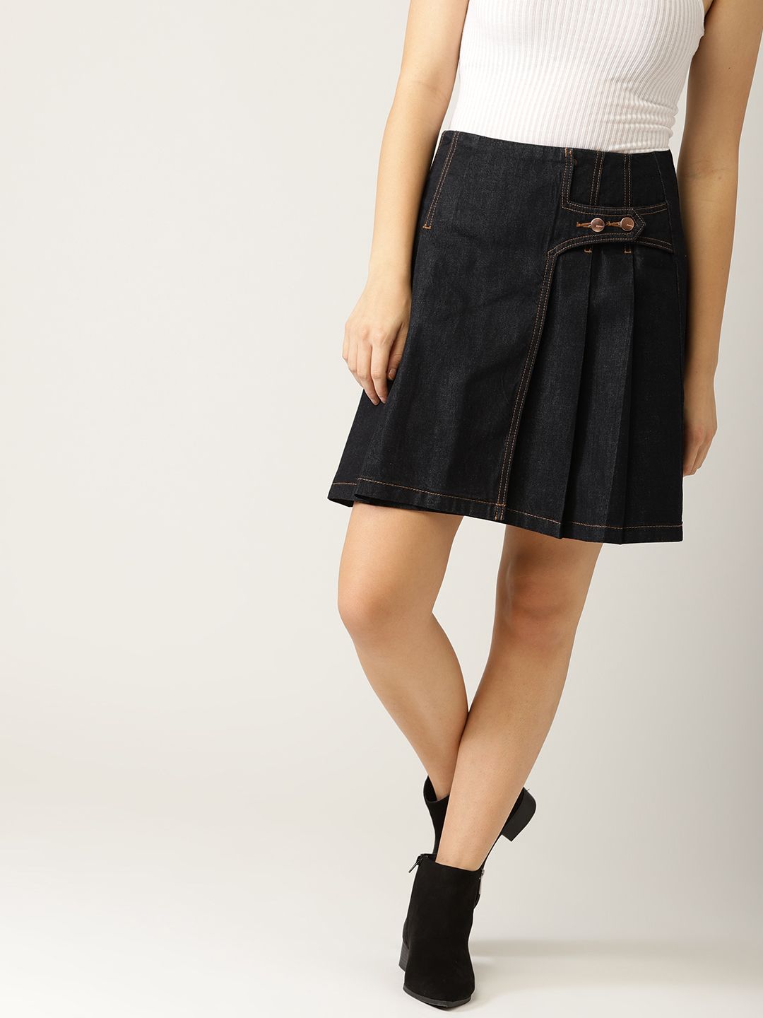 ESPRIT Women Navy Blue Solid Denim Wrap Pure Cotton Skirt
