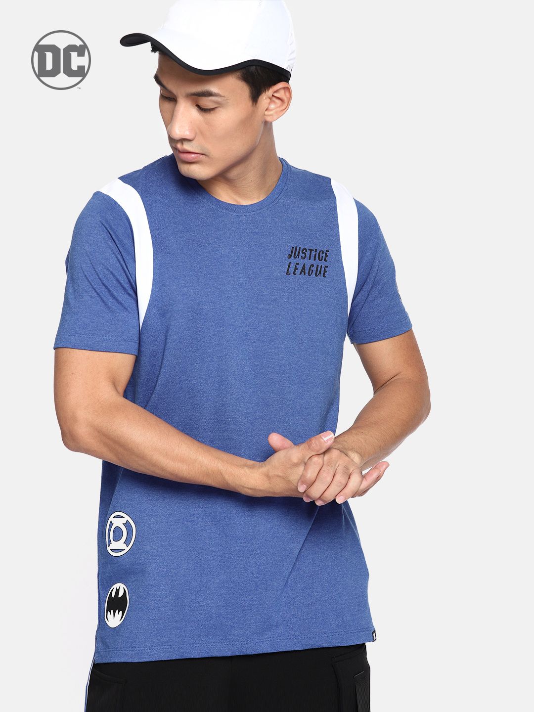Justice League Men Blue Printed Longline T-shirt