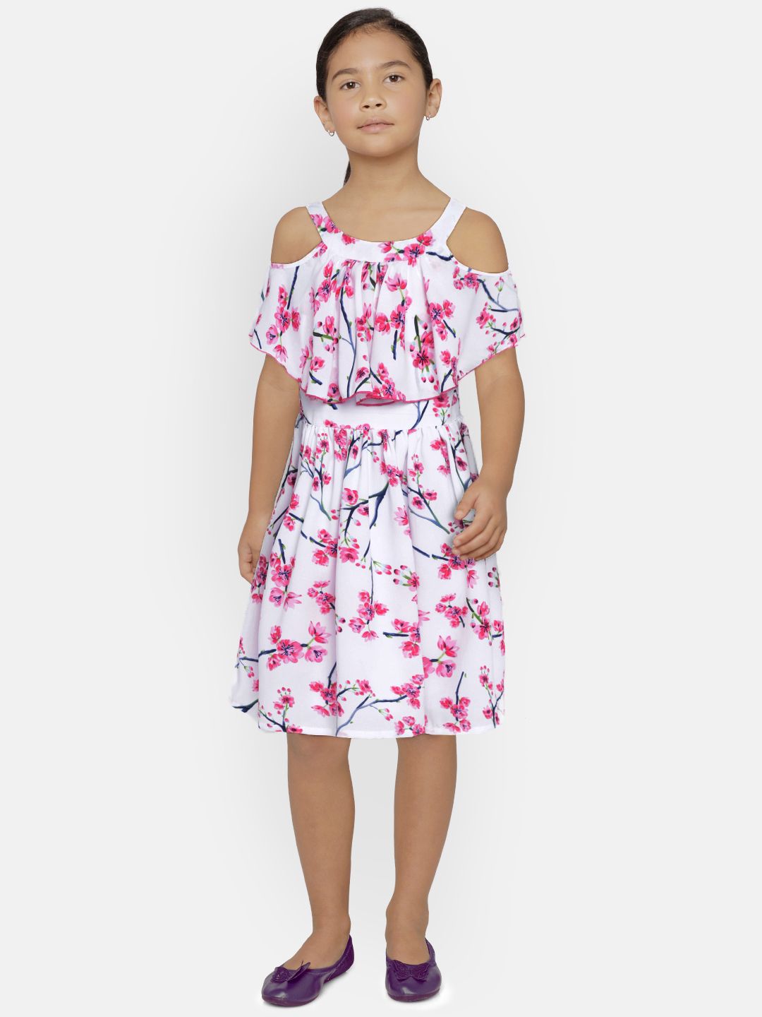 YK Girls White Floral Printed Fit and Flare Dress