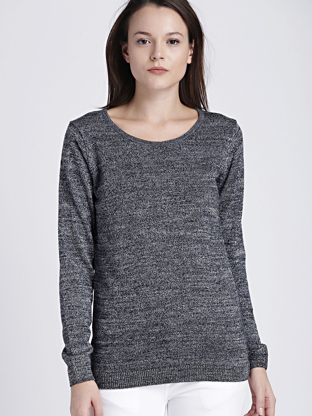 Chemistry Women Navy Blue & Grey Solid Lurex Sweater